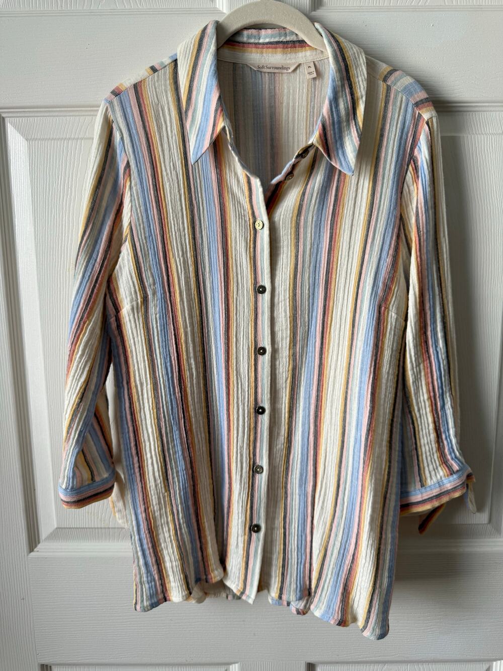 Soft Surroundings‎ Pastel Striped Gauze Button Front Top Petite L Coastal Boho